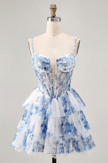 Floral White Blue A-Line Tiered Corset Homecoming Dress with Beading